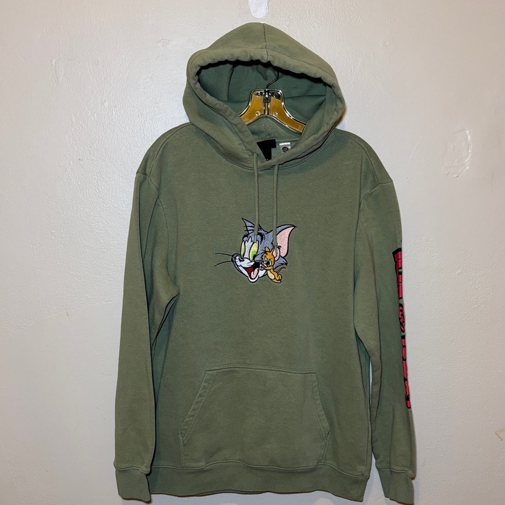 H&M Olive Green Pullover Hoodie with Tom & Jerry Chest Patch